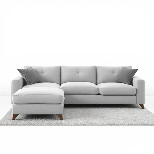 A sectional sofa with a chaise lounge in a light grey fabric