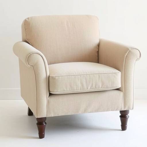 Comfortable beige linen armchair with a supportive backrest and rounded armrests