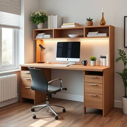 Custom-built ergonomic desk with integrated storage for a home office