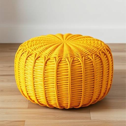 Small round mustard yellow pouf made of soft woven fabric